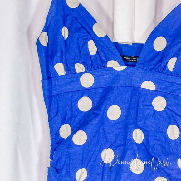 Zara Linen Blend Polka Dot Ruched Midi Dress Blue/Tan - Picture 7 of 13